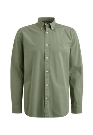 Camisa verde de manga larga, tipo botón, hecha de algodón. Cuenta con un cuello puntiagudo y un sutil logo en el pecho. Ajuste clásico con botones en la parte delantera.