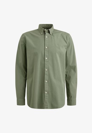 Zelena srajca z dolgimi rokavi in gumbom, izdelana iz bombaža. Ima konico ovratnika in subtilno blagovno znamko na prsih. Klasičen kroj z gumbi spredaj.