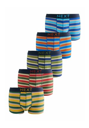 Cinque paia di boxer da uomo a righe nei toni del blu, arancione, verde, rosso e giallo, ciascuno con una fascia in vita blu navy con la scritta NEXT.