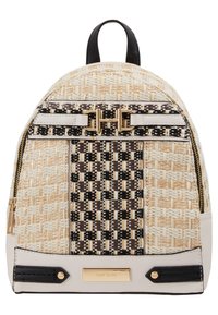 Sac à dos tissé avec un motif à carreaux beige et noir, accents en m étal doré, et garniture en similicuir noir à la base et aux fermetures éclair.
