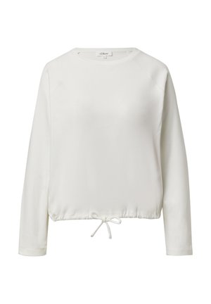 Witte top met lange mouwen, een ronde halslijn en een elastische, verstelbare zoom met een trekkoord in de taille. Gladde stoftextuur.