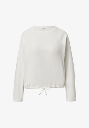 Witte top met lange mouwen, een ronde halslijn en een elastische, verstelbare zoom met een trekkoord in de taille. Gladde stoftextuur.