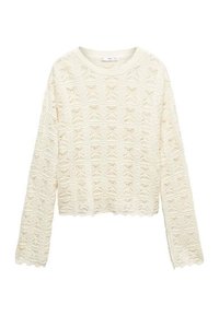 Pull court couleur crème avec manches longues, présentant un motif texturé en maille ouverte et un ourlet festonné. Matière douce et légère.