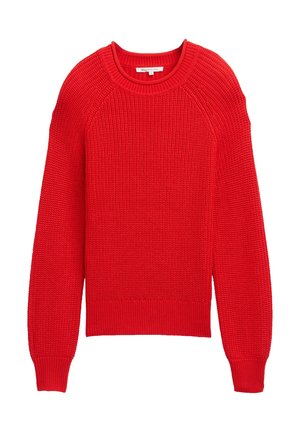 Red knitted sweater with a round neckline, ribbed cuffs, and waistband. Features a textured pattern throughout with raglan sleeve design.