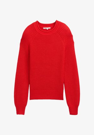 Maglione rosso lavorato a maglia con scollo rotondo, polsini e vita a costine. Presenta un motivo testurizzato su tutta la superficie e un design delle maniche a raglan.