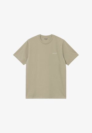 Camiseta de manga corta Carhartt beige con cuello redondo y pequeño logo blanco de Carhartt en el pecho izquierdo, talla mediana.