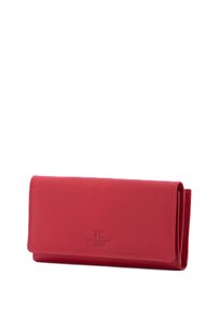 Portefeuille en cuir rouge avec une finition lisse, design pliable et logo embossé en bas. Présente des accents de couture le long des bords.