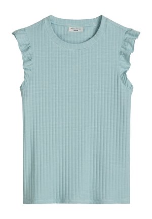 Jasnoniebieski prążkowany top bez rękawów z drobnymi falbankami na ramionach i okrągłym dekoltem.
