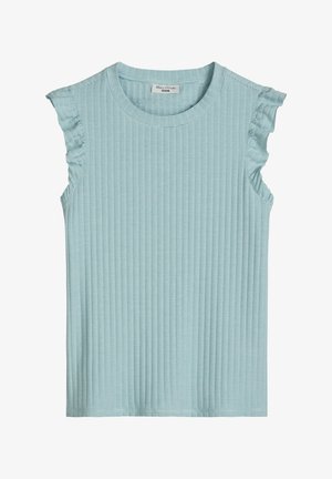 Lichtblauw geribd mouwloos topje met kleine gerimpelde randen op de schouders en een ronde halslijn.