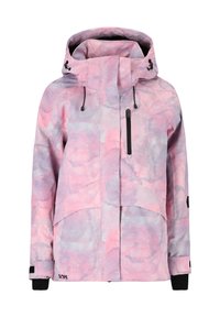 Rosa und graue, gemusterte wasserdichte Jacke mit Kapuze, ausgestattet mit einer vorderen Reißverschlusstasche, verstellbaren Zugbändern und elastischen Bündchen.