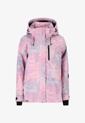 Vaate sadetta kestävä, pinkki-harmaa kuviollinen takki, jossa on huppu, etupuolella vetoketjullinen tasku, säädettävät kiristysnauhat ja joustavat hihansuut.