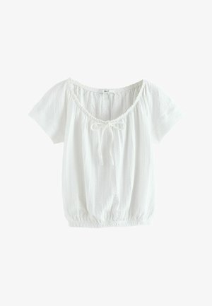 Valge lühikeste varrukatega pluus tekstuurse kangaga, elastse äärega, kogutud kaelusega ja keskosas sõlmitud paelaga.