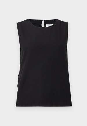 Top negru fără mâneci, cu decolteu rotund și închidere cu nasturi la spate, croială dreaptă, material simplu și design minimalist.