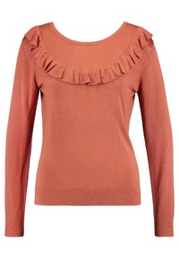 Pull à manches longues dans une teinte terre cuite, avec un col à volants et un bord-côte à l'ourlet et aux poignets. Texture en maille douce.