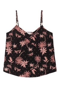 Top sans manches noir avec des fines bretelles, présentant un motif floral en rose et blanc, et des points d'accent dorés. Encolure en V avec une coupe ample.