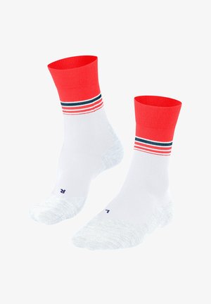 Pair of white athletic socks with red cuffs and red, white, and navy horizontal stripes near the top on a white background.