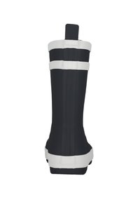Botte imperméable noire avec des accents en caoutchouc blanc, texture lisse, design haut et une languette à l'arrière pour un enfilage facile.