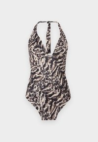 Ολόσωμο μαγιό με λουρί γύρω από τον λαιμό, σε μοτίβο λεοπάρ σε μαύρο, καφέ και μπεζ χρώμα σε λευκό φόντο.