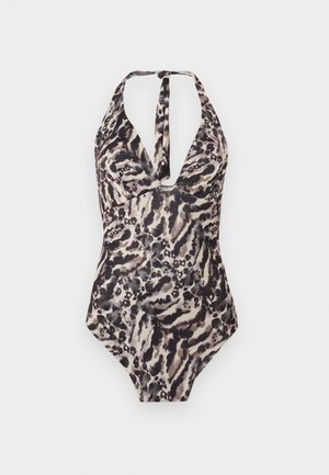 Eendelig halterbadpak met een patroon van zwart, bruin en beige dierenprint op een witte achtergrond.