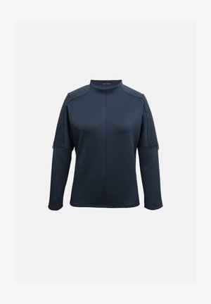 Top de mangas longas azul marinho com golas altas. Apresenta detalhes em renda delicada nas costuras dos ombros. Tecido liso e texturizado.