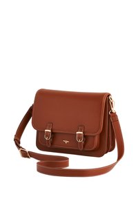 Smeđa lažna kožna torba preko ramena s dva kopčana naglaska, zlatnim hardverom, podesivim remenom i bijelim šavnim detaljima.