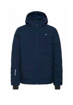 Marineblaue Steppjacke mit Kapuze, Reißverschluss vorne und elastischen Bündchen. Sie verfügt über ein gestepptes Design, zwei seitliche Taschen und ein Logo auf der Brust.