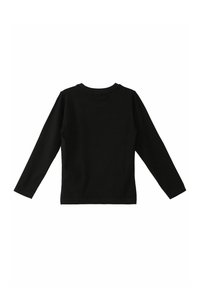 Schwarzes Langarmshirt mit Rundhalsausschnitt, glatter Textur und ohne sichtbare Grafiken oder Muster. Es hat eine grundlegende Passform und eine einfarbige Gestaltung.