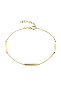 Bracelet en or avec une chaîne délicate et trois accents rectangulaires. Surface lisse, fermoir ajustable et maillons fins.