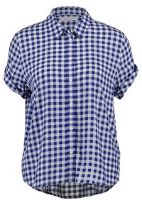 Chemise à manches courtes, boutonnée, en tissu vichy bleu et blanc. Dotée d'un col, d'un ourlet arrondi et de poignets à manches roulées. Texture en coton.