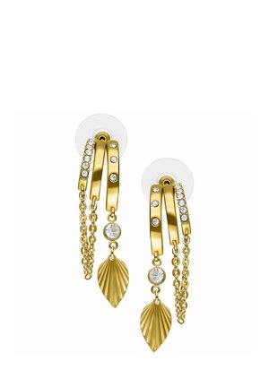 Gold hoop earrings with clear crystals, double chain links, and textured gold leaf-shaped pendants hanging below.