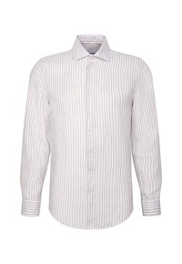 Chemise homme à manches longues avec boutons, rayures verticales beige et blanches, col classique et poignets boutonnés.