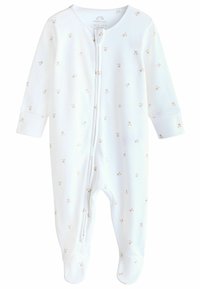 Witte baby rompertje gemaakt van zachte stof met een rits aan de voorkant, lange mouwen, voetontwerp en verspreide lichtbruine berenpatronen.