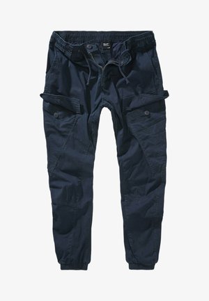Pantalones cargo azul marino con cinturilla elástica, cordón ajustable, bolsillos laterales con botones, bragueta con cremallera y puños elásticos.