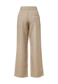 Beige Leinen-Weitbein-Hosen mit hoher Taille, einer Gesäßtasche und einer glatten Textur. Geeignet für legere und formelle Anlässe.