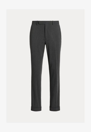 Grijze stoffen broek met een rechte pijp, met een platte front, riemlussen en opgerolde zoomranden. De gemêleerde weving geeft een subtiele diepte.