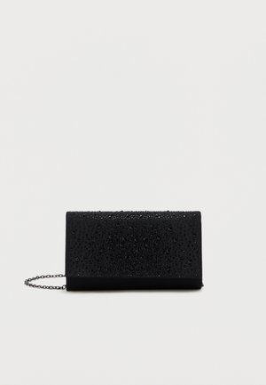 Schwarze Clutch-Brieftasche mit strukturierter Oberfläche, die erhabene Tropfen aufweist, rechteckige Form, Kettenriemen und minimalistisches Design.