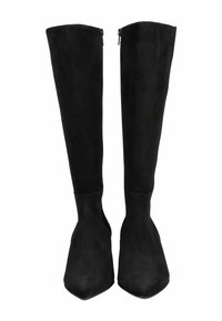 Stivali over-the-knee neri in suede con punte affusolate e cerniere laterali. Texture liscia, forma aderente e design alto per coprire le gambe.