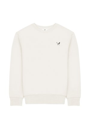 Sudadera blanca con cuello redondo, puños y dobladillo acanalados, con un pequeño logo de cuchillo de cocina cruzado con una cuchilla en el pecho izquierdo.