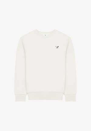 Witte crewneck trui met geribbelde manchetten en zoom, met een klein logo van gekruiste keukenmessen en hakmes op de linkerborst.