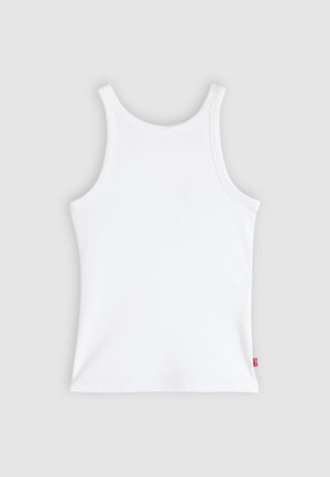 White ribbed sleeveless tank top with racerback cut and small red brand tag on lower right side.