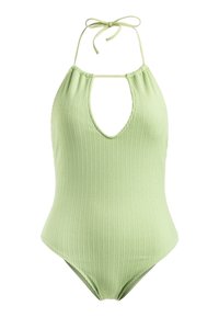 Maillot de bain une pièce vert à côtes avec un décolleté en V plongeant et un lien à nouer au cou. La texture lisse et le design ajusté soulignent la silhouette.