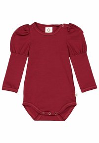 Body bordeaux à manches longues avec épaules bouffantes, col rond et ouverture à boutons-pression au bas. Tissu doux et extensible avec une texture lisse.