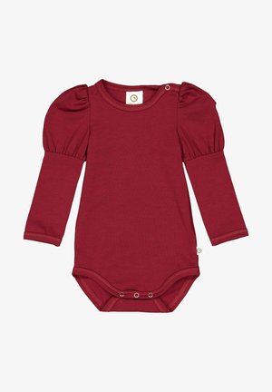 Burgunderfarbener Langarm-Body mit puffierten Schultern, Rundhalsausschnitt und Druckknopfverschluss am Boden. Weicher, dehnbarer Stoff mit glatter Textur.