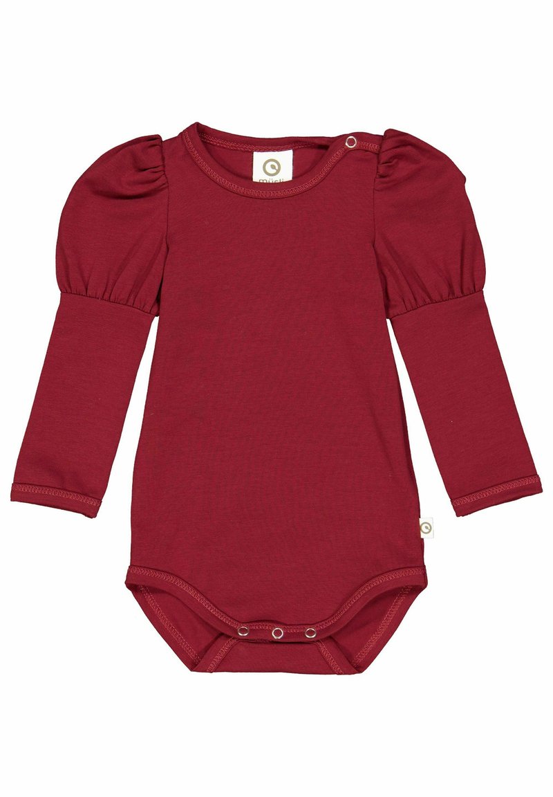 Body bordeaux à manches longues avec épaules bouffantes, col rond et ouverture à boutons-pression au bas. Tissu doux et extensible avec une texture lisse.