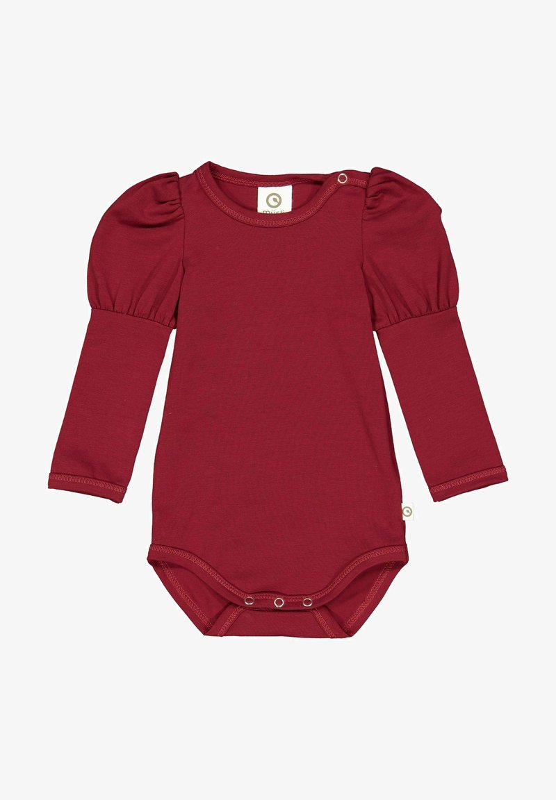 Burgundský body s dlouhým rukávem, nabíranými rameny, kulatým výstřihem a patentním uzávěrem na spodní části. Měkká, elastická tkanina s hladkým povrchem.