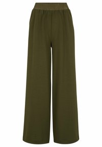 Weite Hosen in Olivgrün, aus weichem Stoff mit einem elastischen Bund, der eine glatte Textur aufweist und keine sichtbaren Verschlüsse hat.