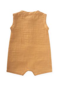 Mustard yellow sleeveless romper, made of textured fabric, featuring a subtle crinkle pattern, rounded neckline, and shorts-style bottom.