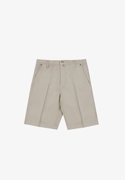Pantalones cortos beige claro hechos de una mezcla de algodón. Presentan dos bolsillos delanteros, una cremallera en la bragueta y un diseño de frente plano. Costuras limpias.