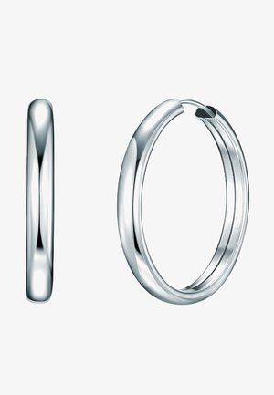 Silberne Creolen mit einer glatten, polierten Oberfläche. Sie besitzen eine kreisförmige Form mit einem Scharnierverschluss. Der Durchmesser beträgt etwa 5 cm.