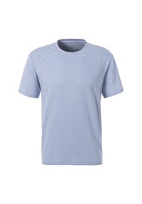 Helles blaues Baumwoll-T-Shirt mit kurzen Ärmeln, rundem Ausschnitt und glatter Textur. Einfaches Design ohne sichtbare Muster oder Akzente.